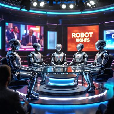 The primary subject of the image is a group of robotic figures sitting around a table. They are positioned in a circle, with some of them facing the camera. The setting appears to be a futuristic environment, possibly a studio or a stage. The visual style of the image is a combination of photo and digital art, creating a unique and intriguing scene. The dominant colors in the image are blue and silver, which contribute to the futuristic and technological atmosphere.